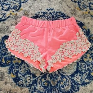 Stylebook Neon Coral Floral Embroidered Shorts